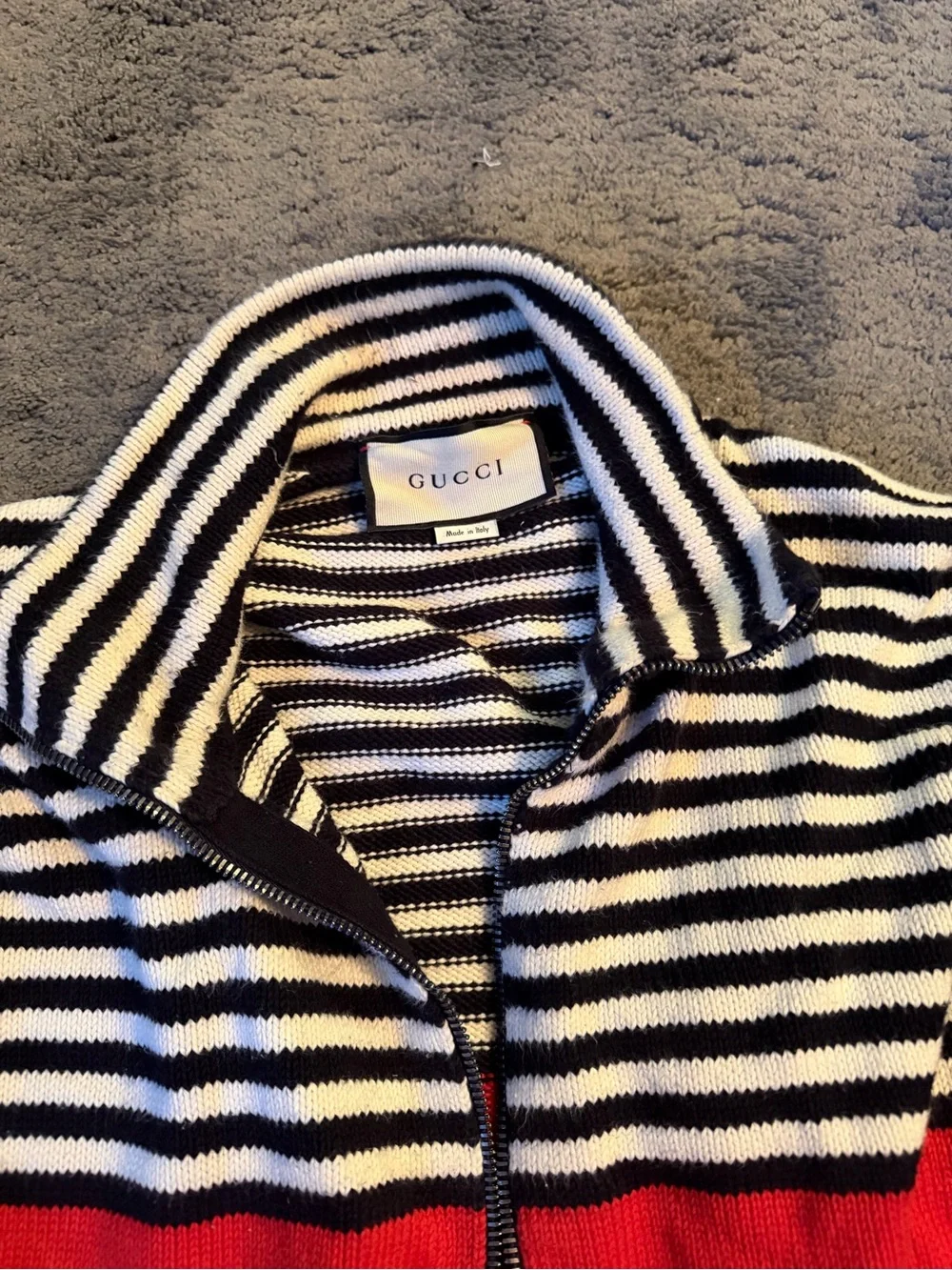 Gucci Striped Zip Knit Cardigan in Deep Navy, White & Red